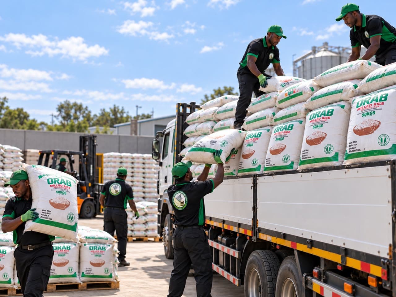 Trucks transporting bagged rice from the mill to customers across Nigeria